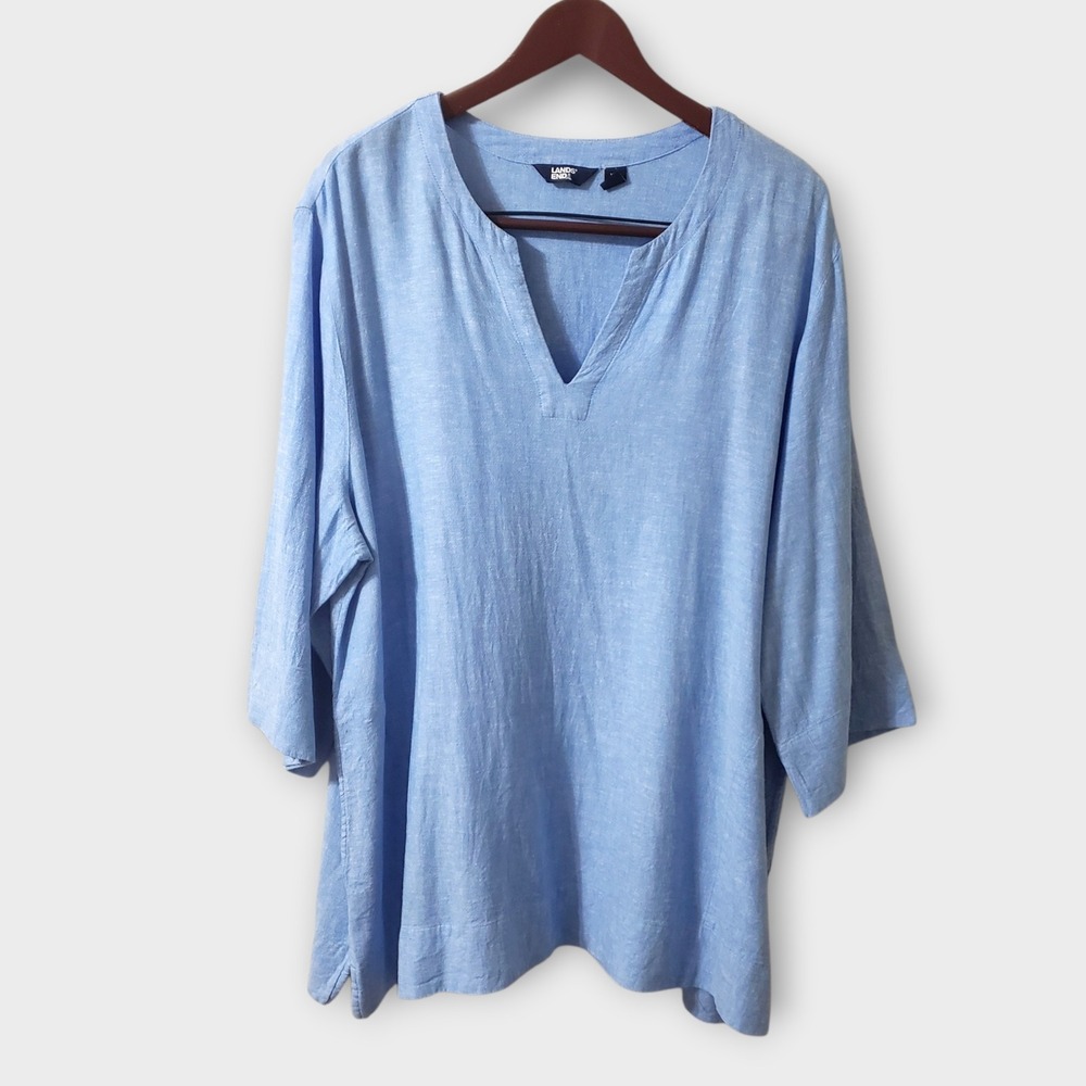 Lands End Womens XXL Blue Linen Blend Oversized Tunic Top 3/4 Sleeve Pockets